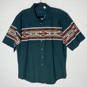 Vintage Roper Green Cotton Western Aztec Print Short Sleeve Pearl Snap Shirt L